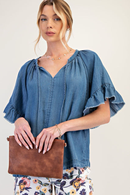 New EASEL Dark Denim Size S Short Sleeve Blouse