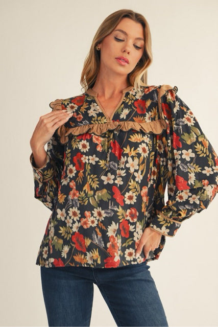 New JODIFL Navy floral Tan Trim Size S Long Sleeve Blouse