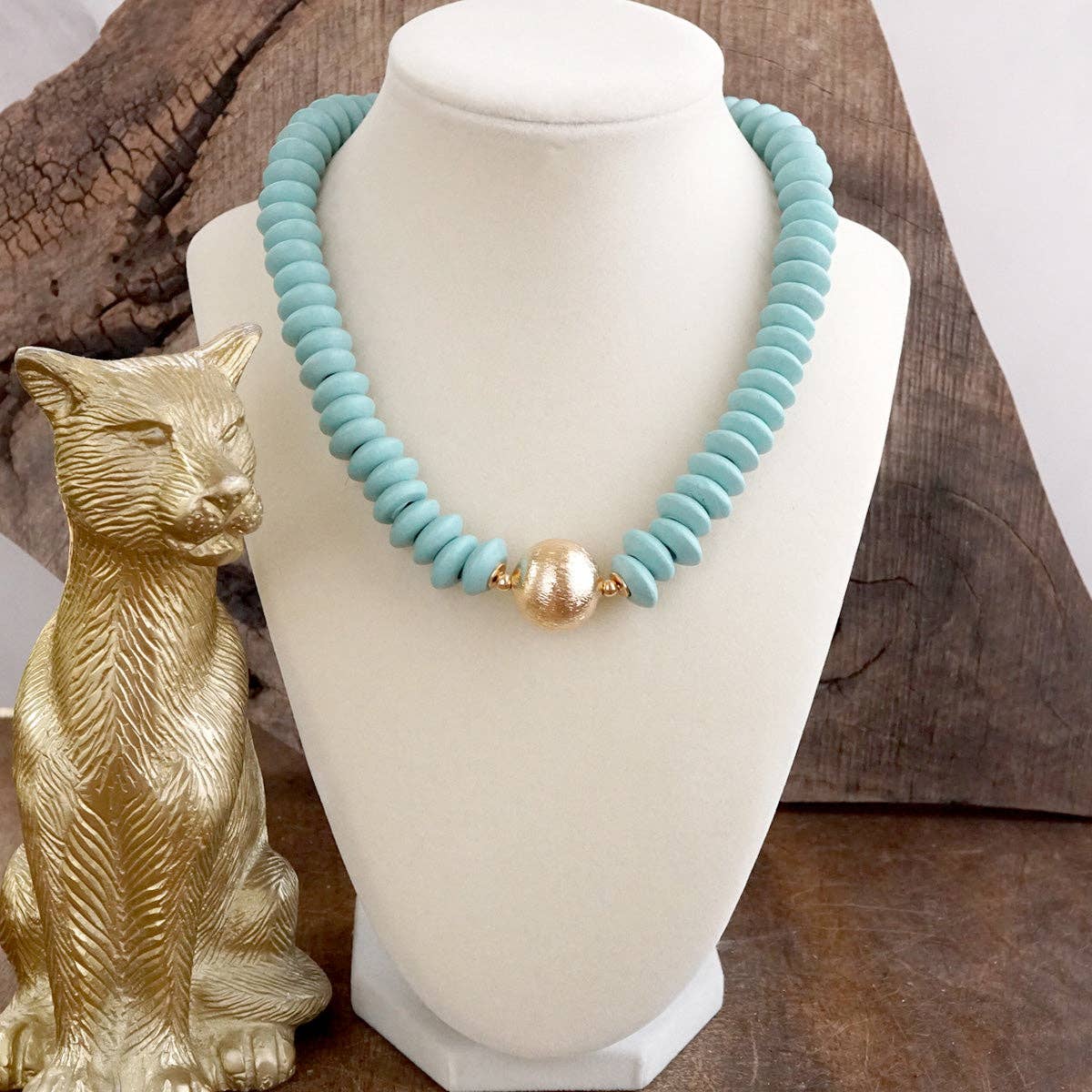 Wood Saucer Beads Short Statement Necklace Gold center Hot Pink Beige Turquoise: Black