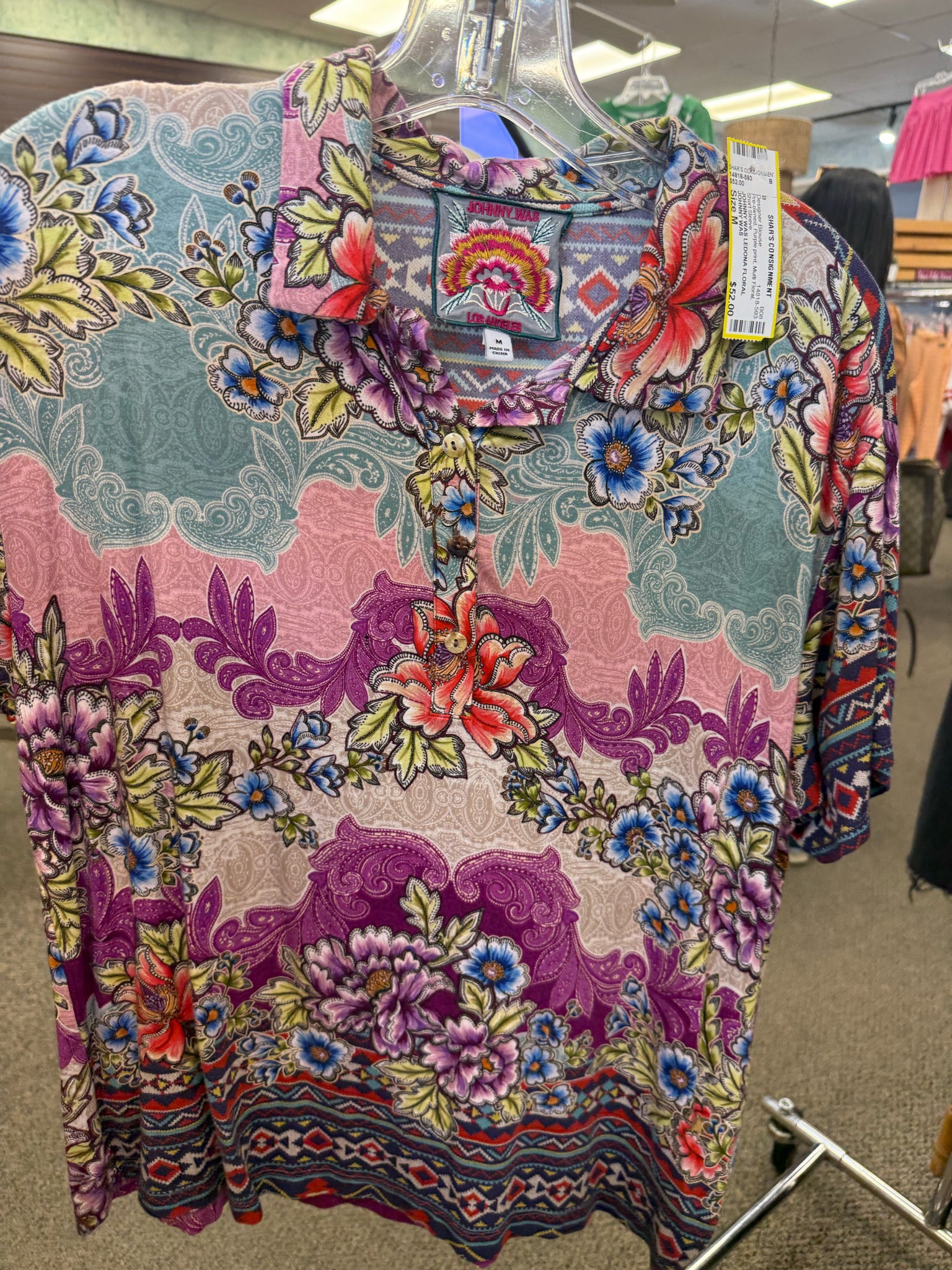 Pre-owned JOHNNY WAS Purple print Multi Floral Short Sleeve Designer Blouse