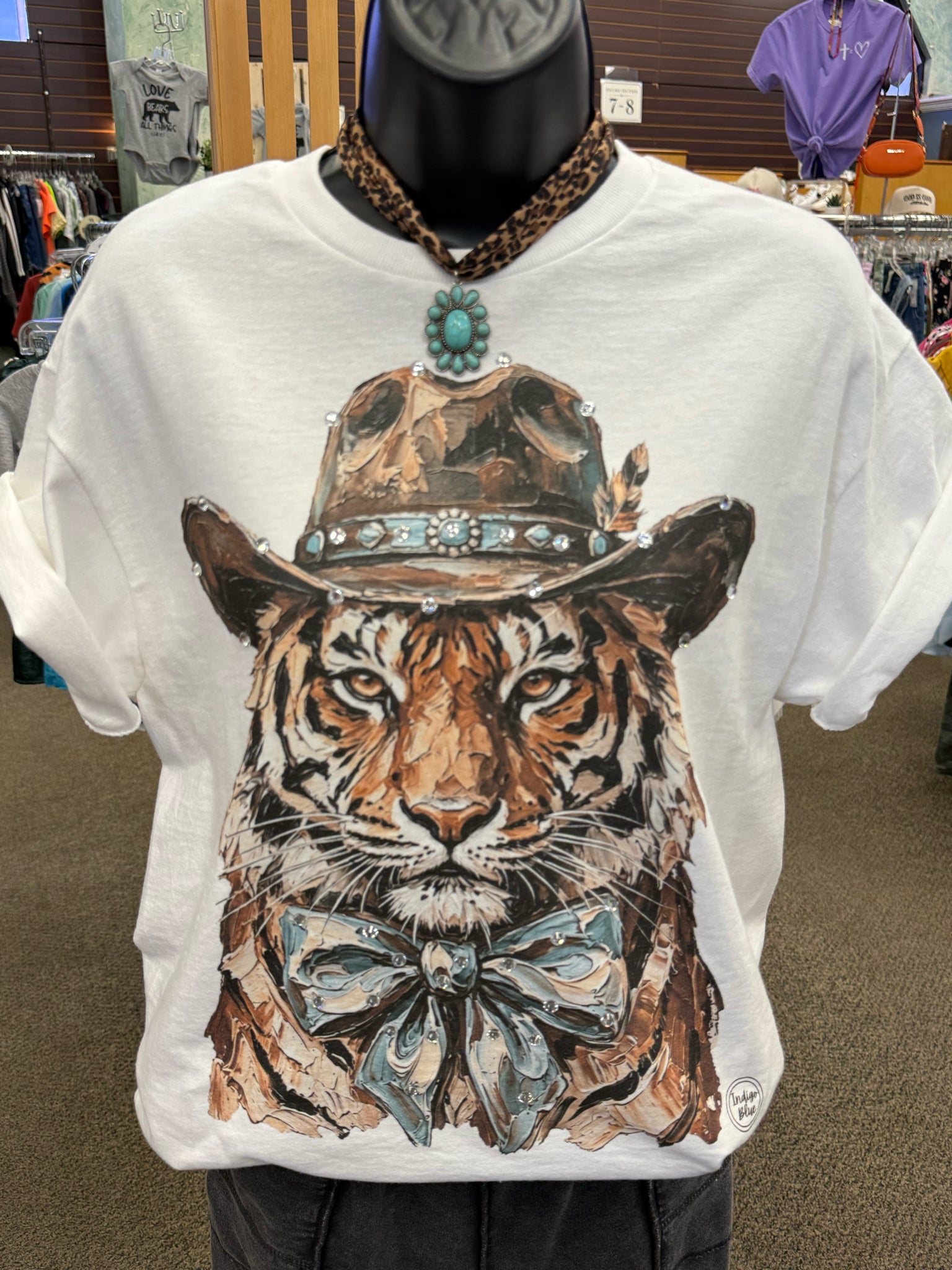 New INDIGO BLUE White Brown Trim Size M Short Sleeve Tee