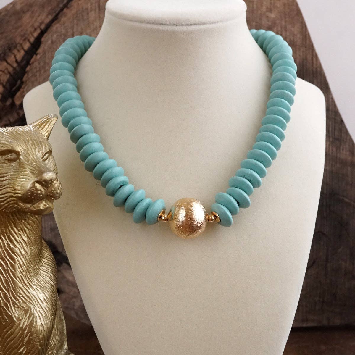 Wood Saucer Beads Short Statement Necklace Gold center Hot Pink Beige Turquoise: Black