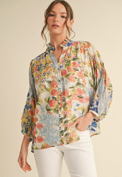 New JODIFL Blue floral Size S Quarter Sleeve Blouse