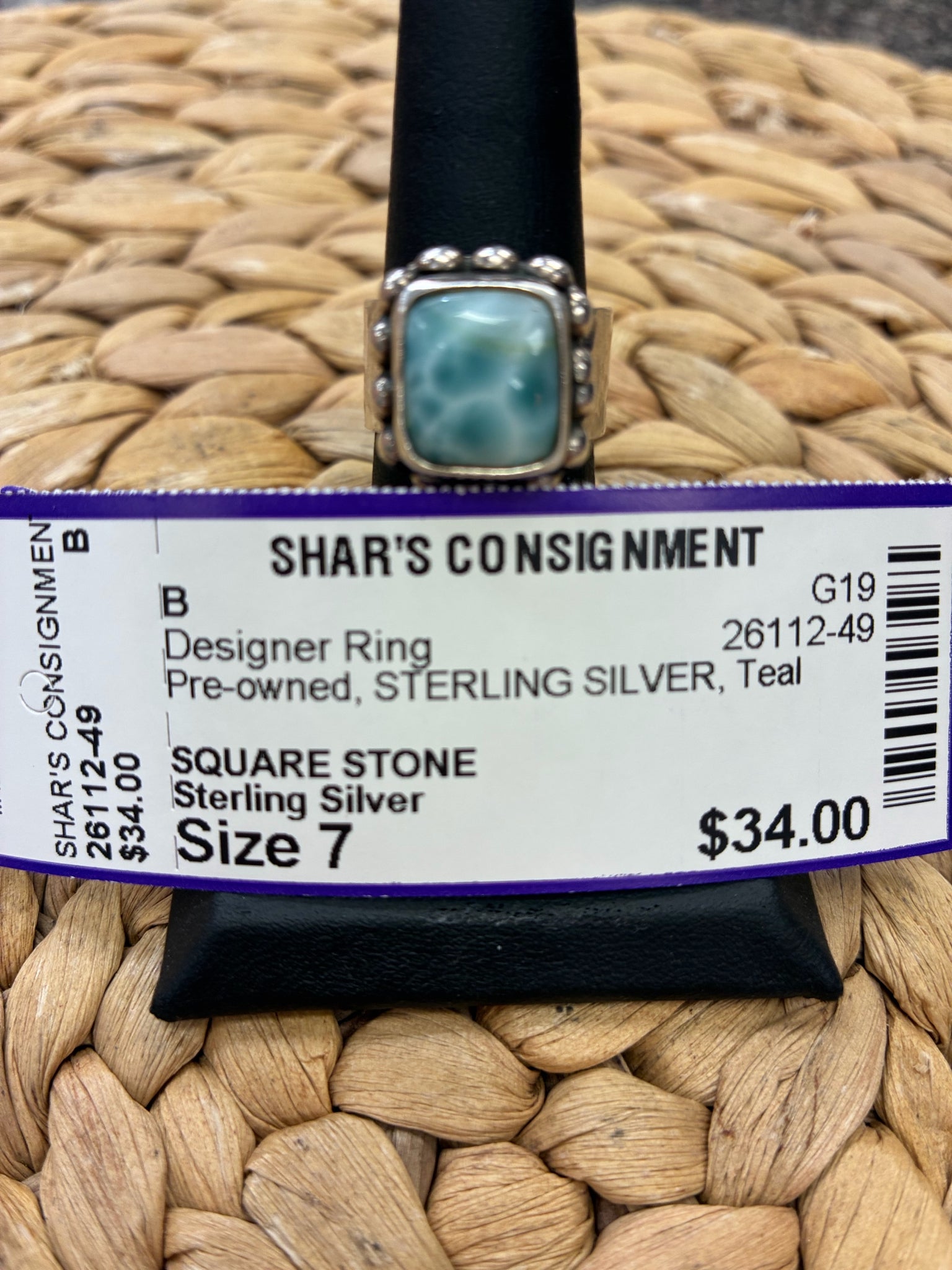 Pre-owned Sterling Silver STERLING SILVER Teal Ring Size 7 Designer Ring