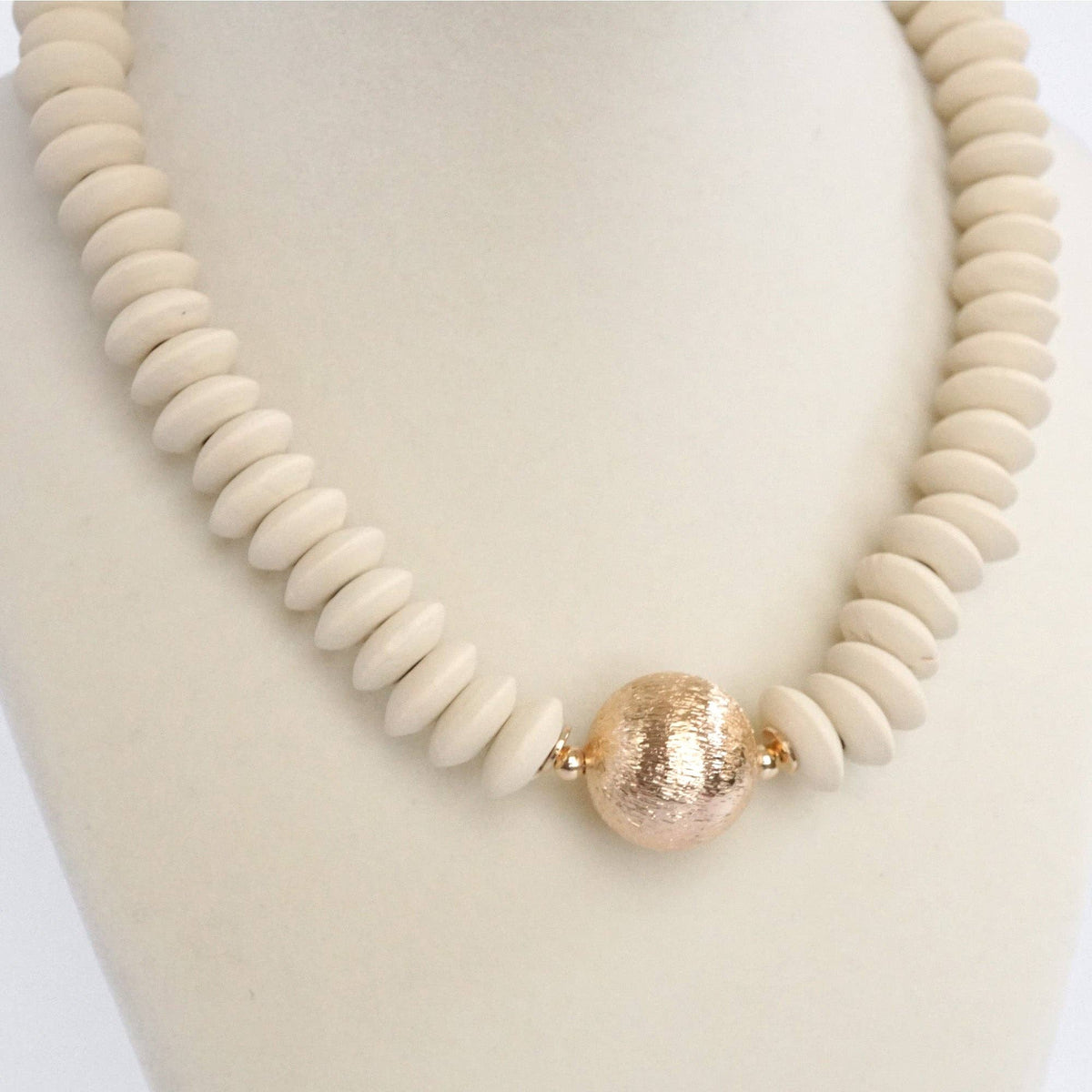 Wood Saucer Beads Short Statement Necklace Gold center Hot Pink Beige Turquoise: Black