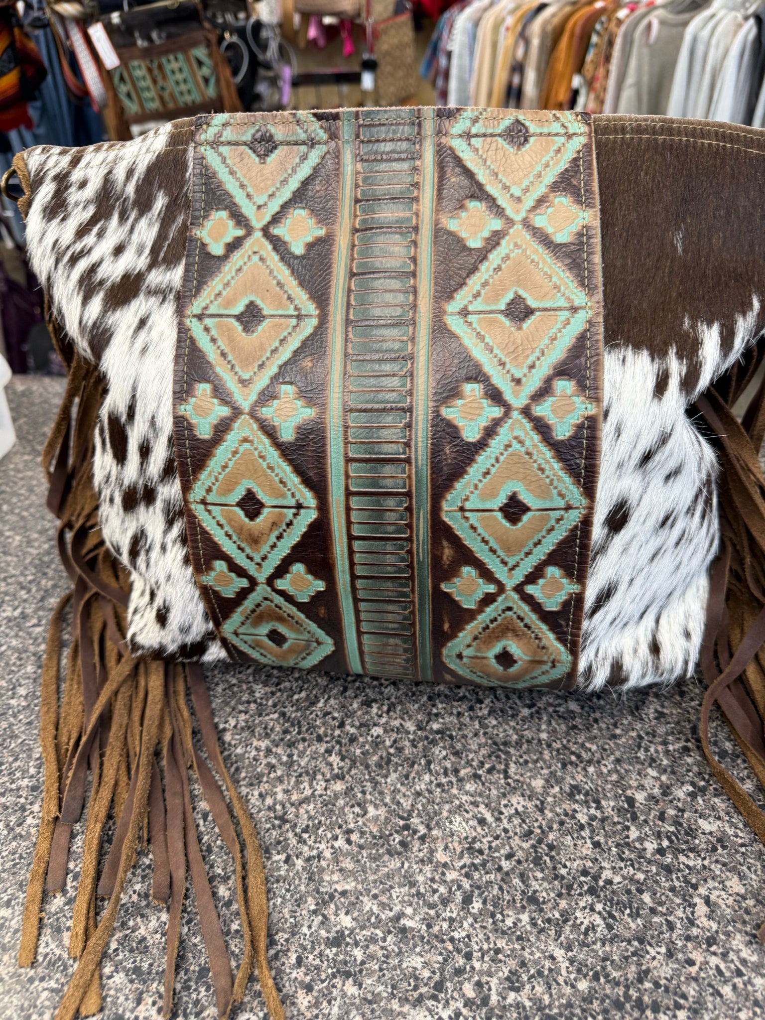 Pre-owned No Brand Cowhide Teal Print L Shoulder Purse