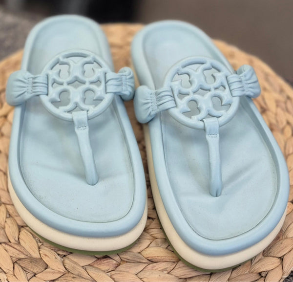 New  Without Tag TORY BURCH Light blue Green Trim Size 8.5 Designer Sandal