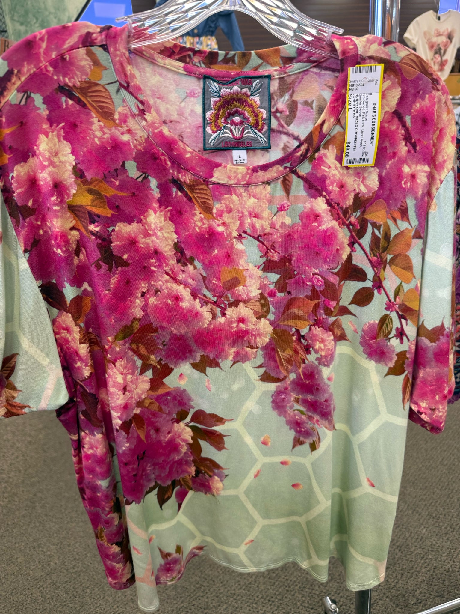 Pre-owned JOHNNY WAS Pink floral Light Green Quarter Sleeve Designer Blouse