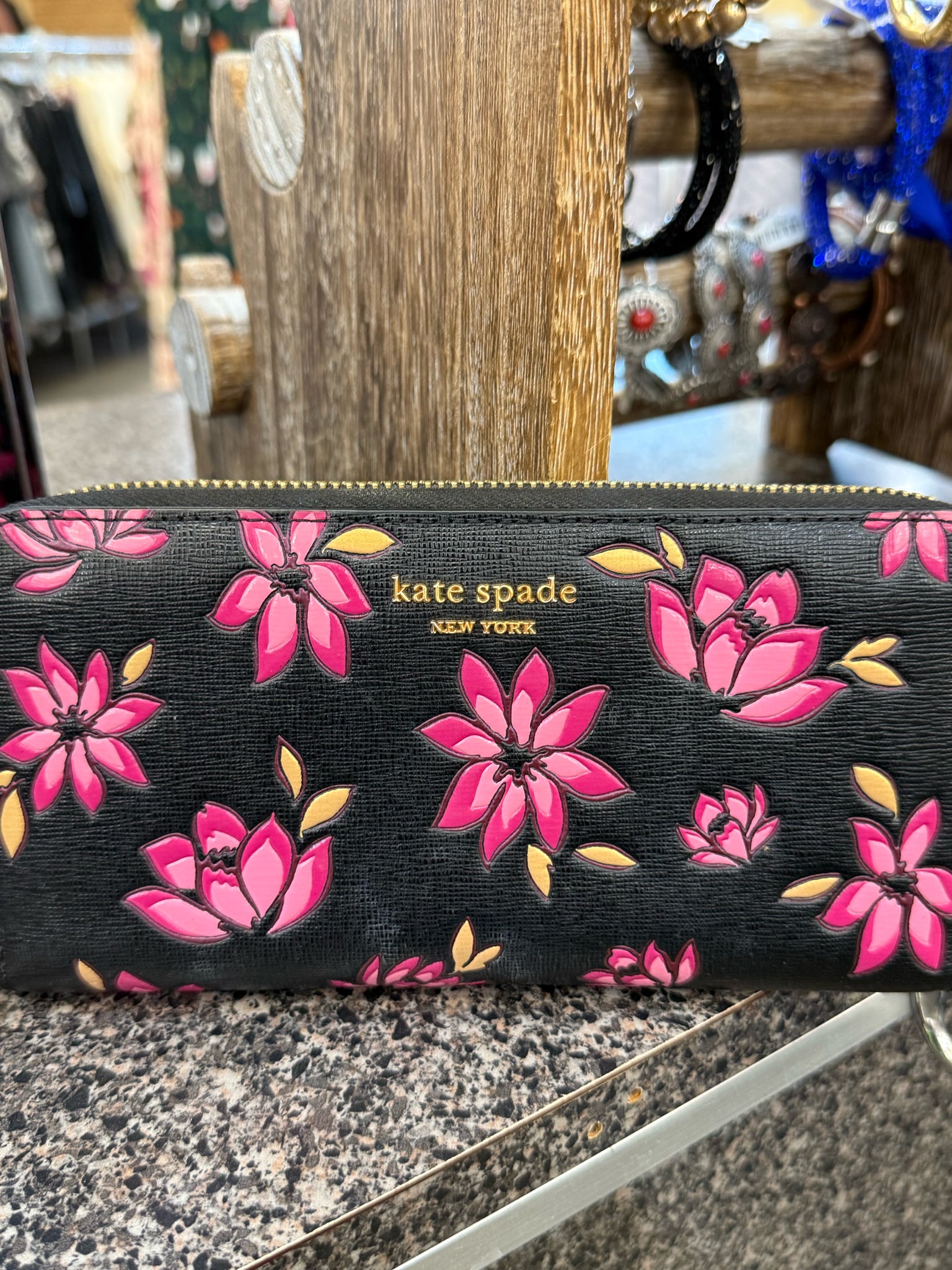 Pre-owned KATE SPADE Black Hot Pink Floral WALLET SIZE Large Wallet