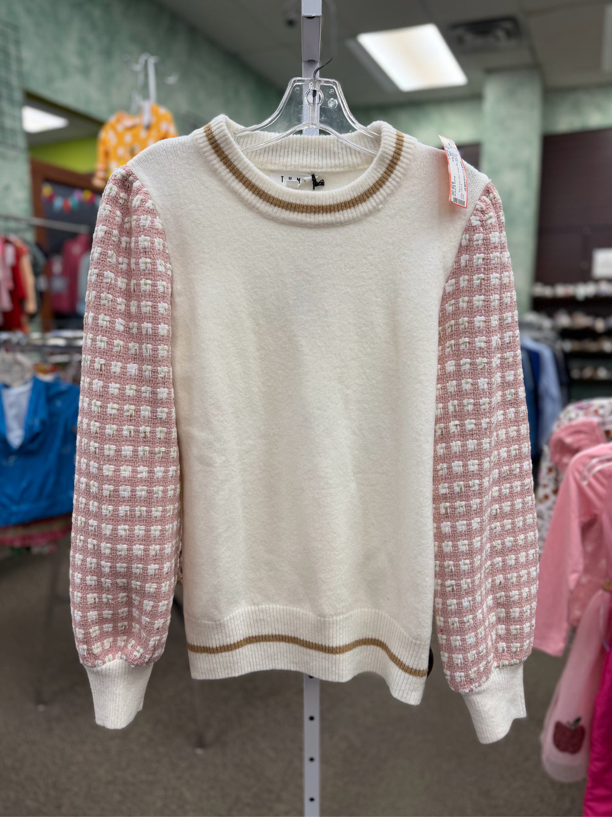 New with Tag THML White Pink Trim Size L Long Sleeve Sweater