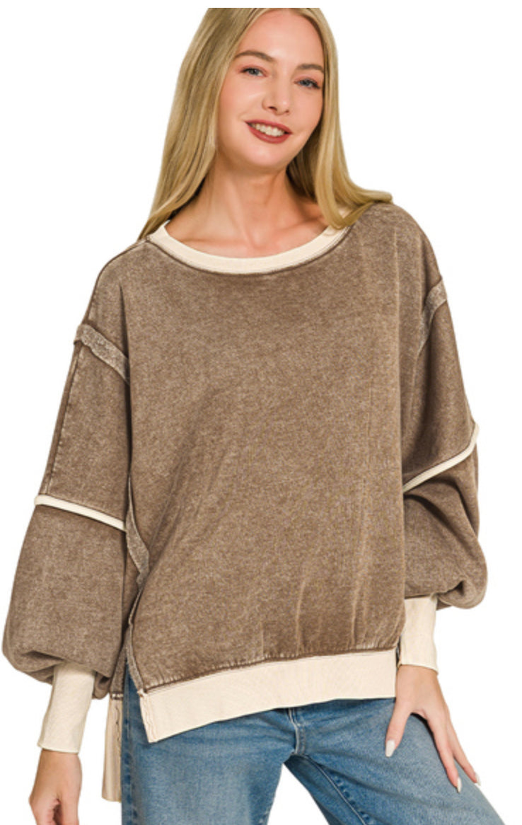 New Zenana Brown Cream Trim Size M/L Long Sleeve Sweatshirt