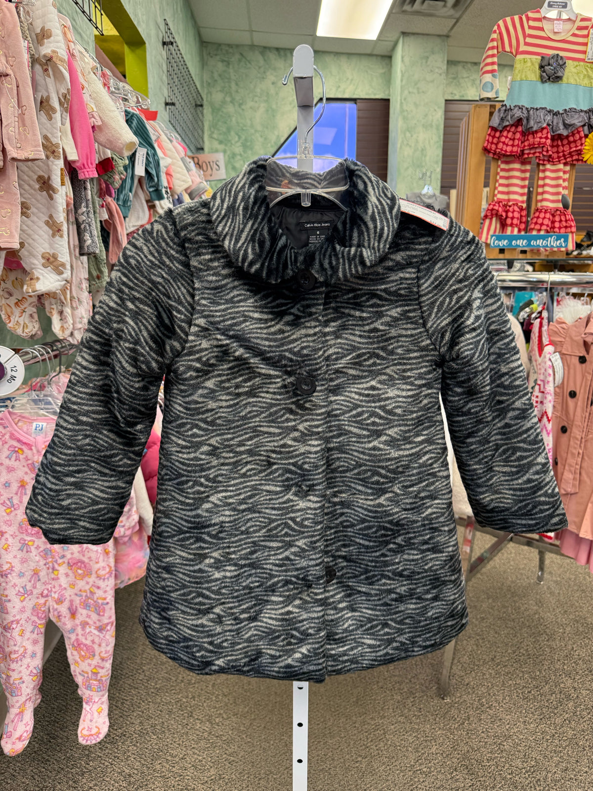 Pre-owned CALVIN KLEIN Black Cream Print Size 6 Girls Light Wt Jacket