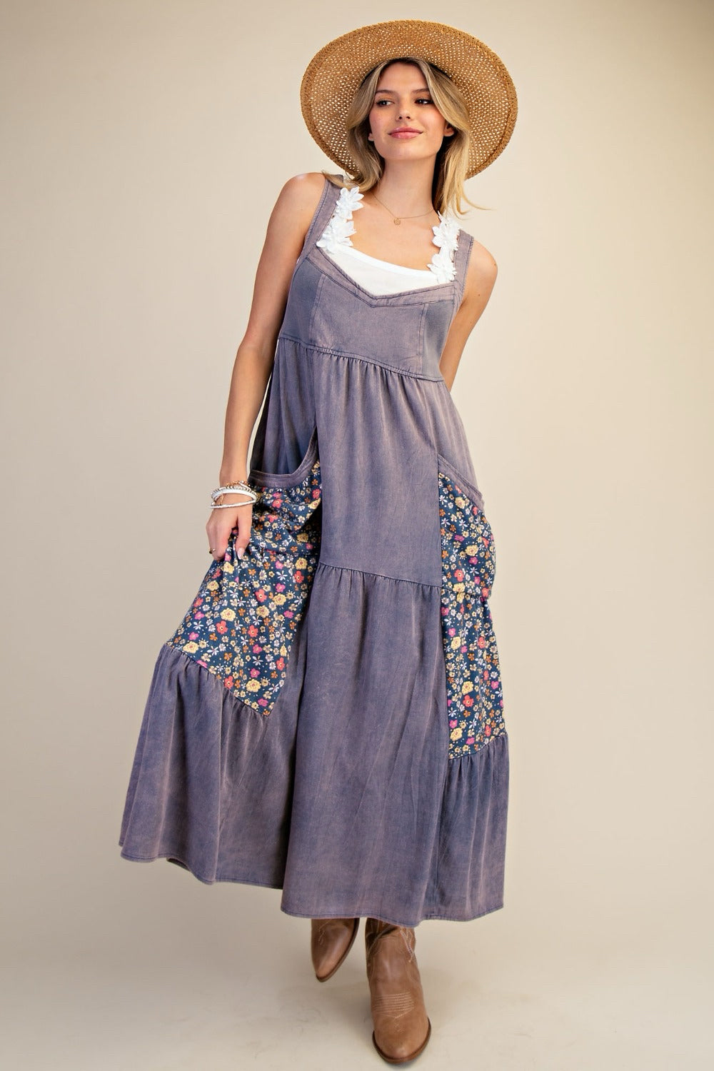 New EASEL Dusty blue Floral Trim Size Small Overall Dress