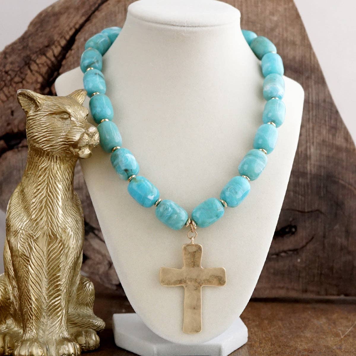 Chunky Statement Necklace – Acrylic Beads Gold Cross Necklace: Seaglow Amber
