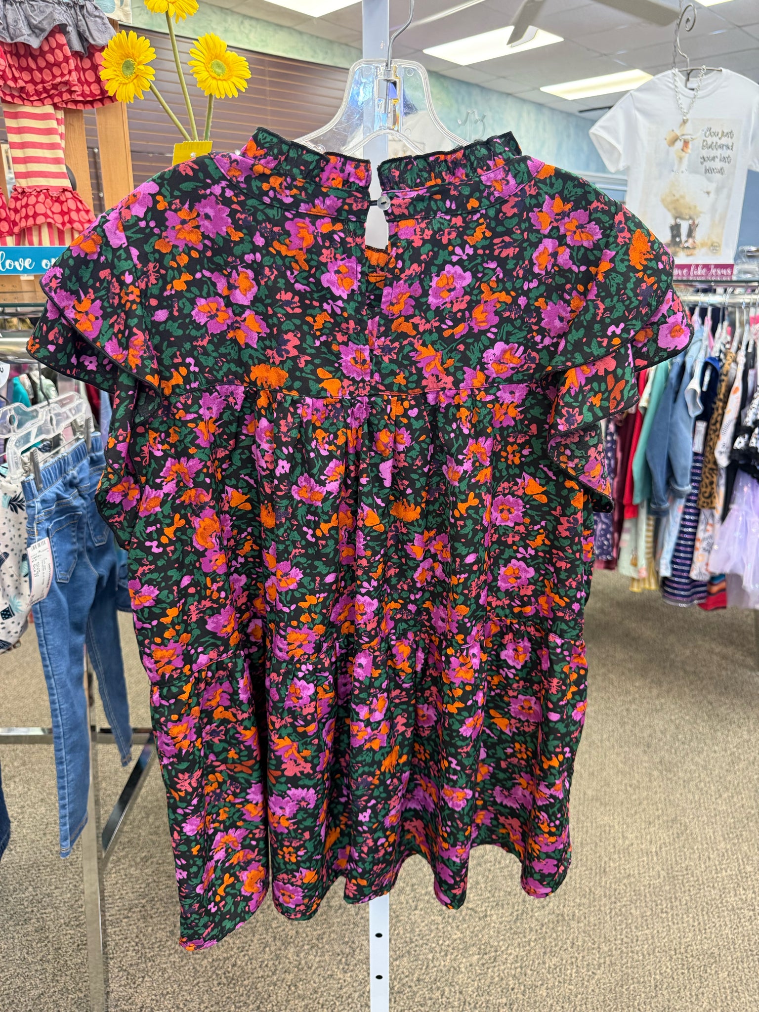 Pre-owned CHICSOUL Black Purple Floral Size: 1X Short Sleeve Blouse