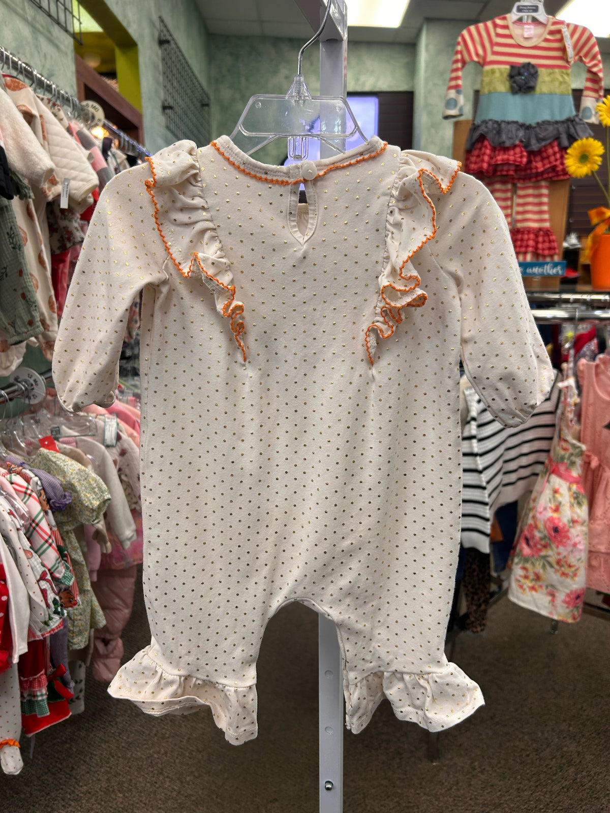 Pre-owned BONNIE BABY White Gold Polka Size 3/6mo Long Sleeve Feet Girls Jumper