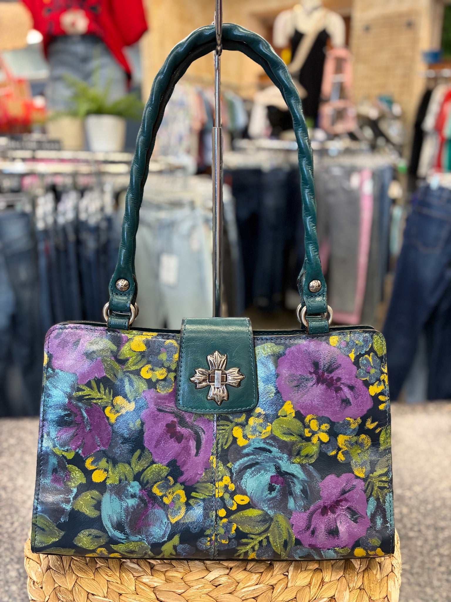 Pre-owned PATRICIA NASH Dark teal Purple Floral Shoulder Designer Purse