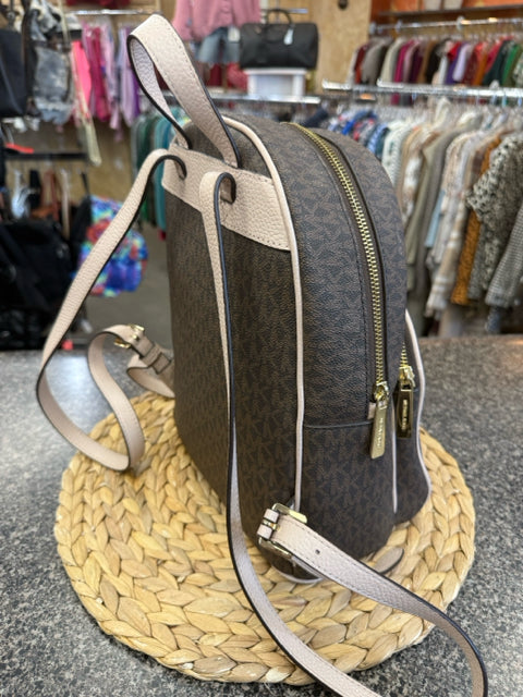 Pre-owned MICHAEL KORS Brown Signature Light Pink Trim Backpack Designer Purse