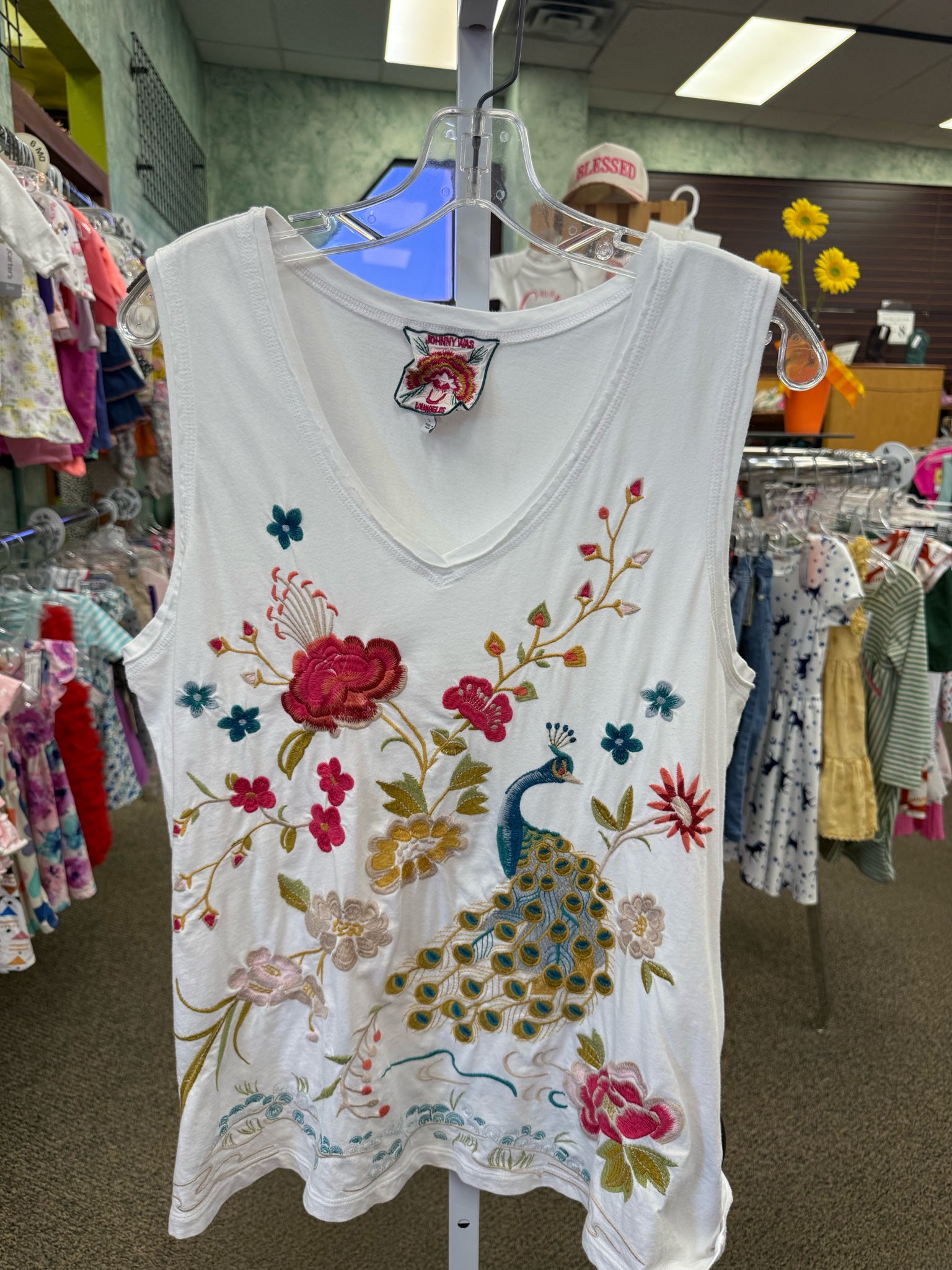 Pre-owned JOHNNY WAS White Multi Trim Size L Sleeveless Tank Top