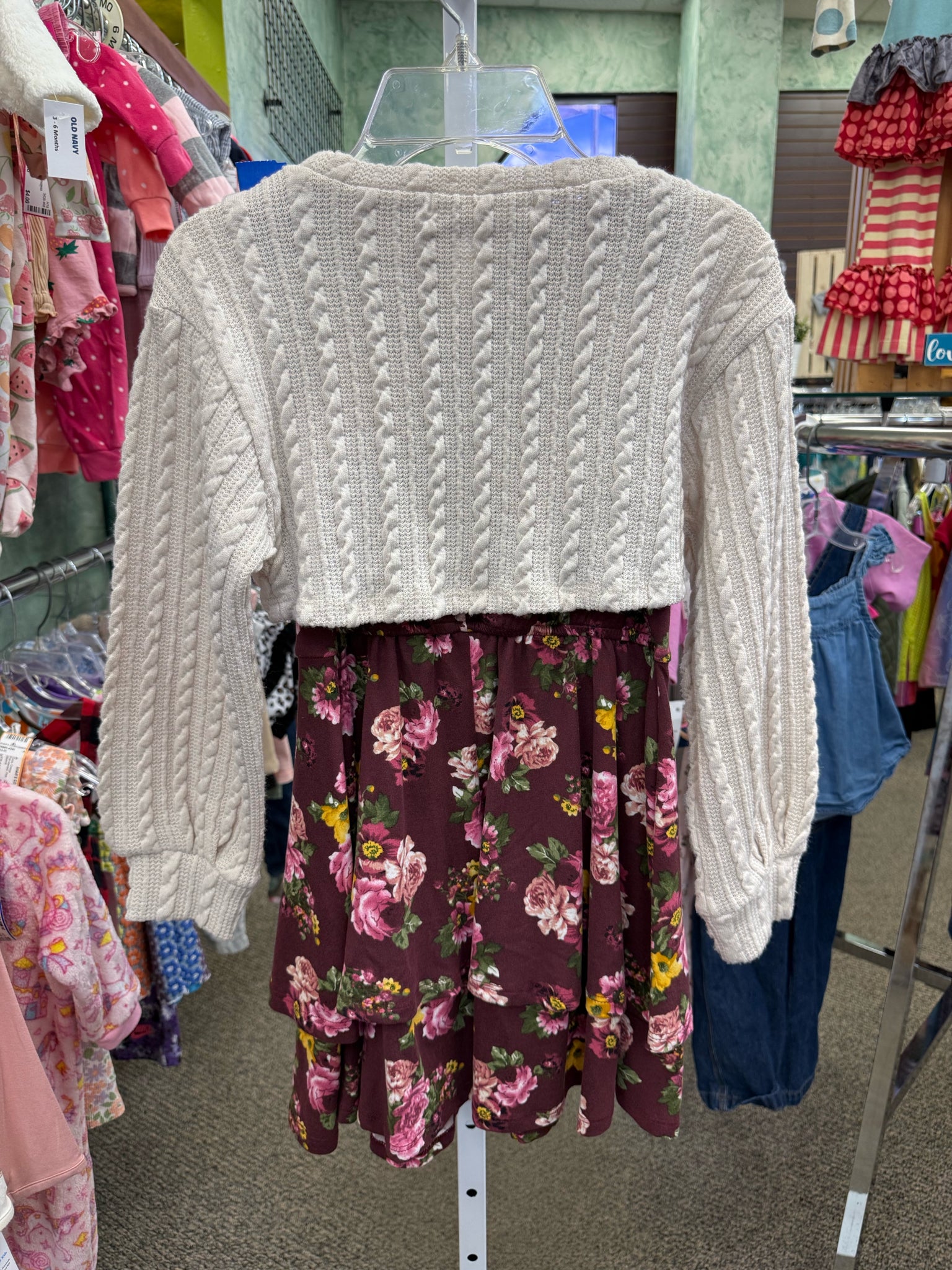 Pre-owned Poppies & roses Maroon Pink Floral GIRLS SZ: 8 Long Sleeve Girls Dress