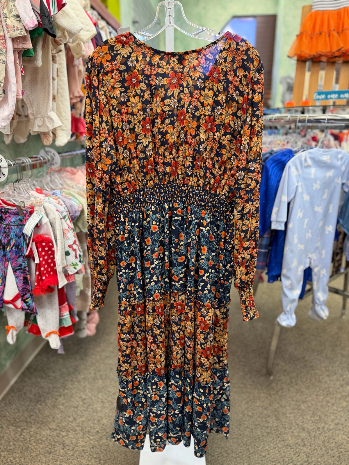 Pre-owned UMGEE Navy Orange Floral Size 9 Long Sleeve Dress