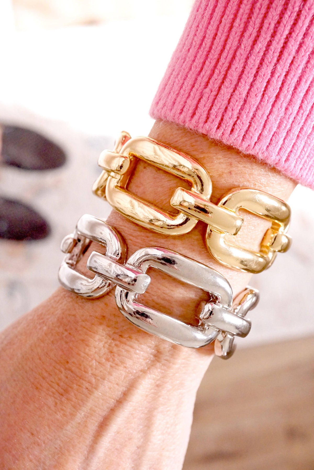 Chunky Chain Statement Stretchy Bangle Bracelet in gold or silver tone: Gold Tone