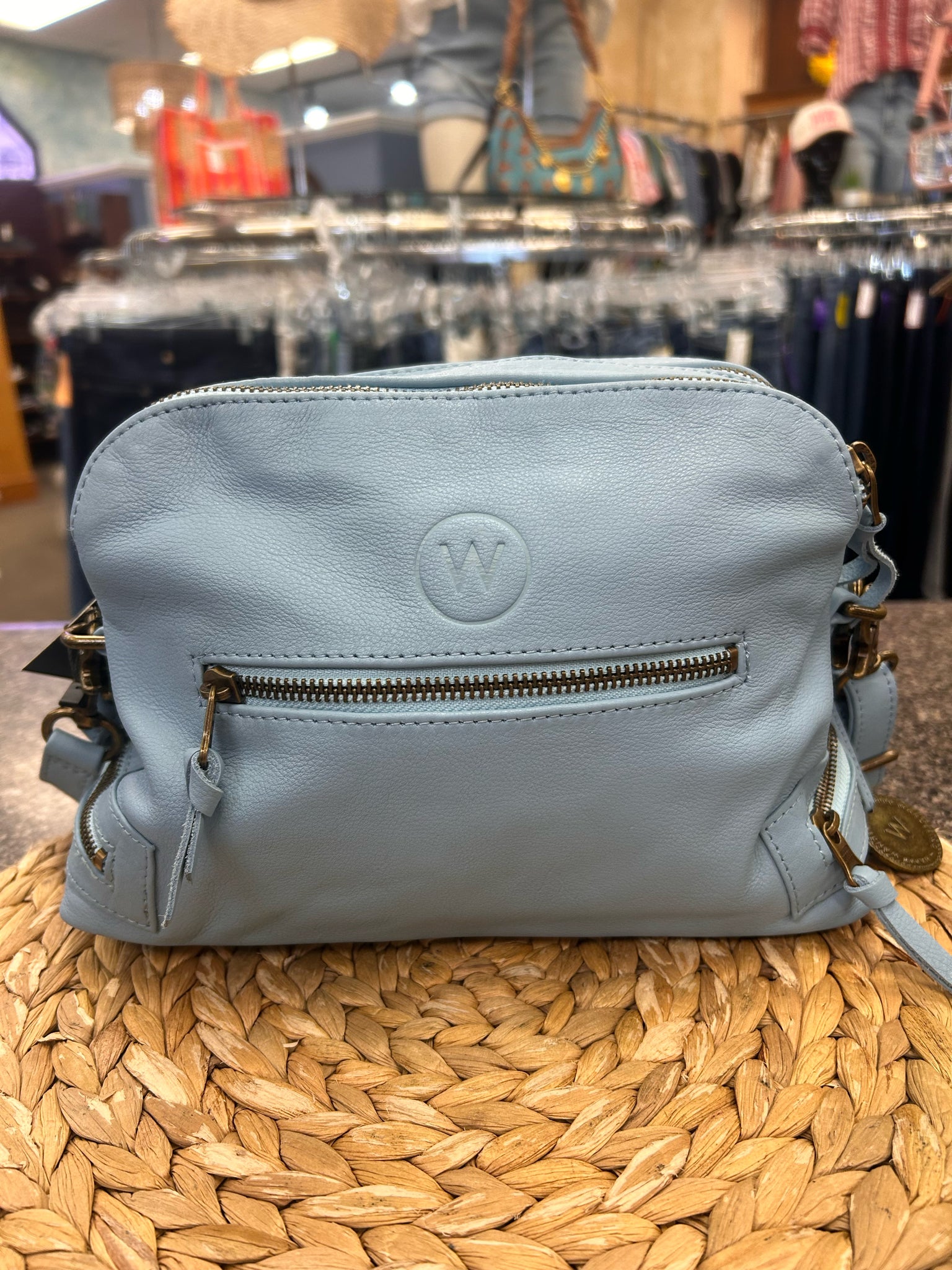 New with Tag wanderers Sky blue Gold Trim Crossbody Designer Purse