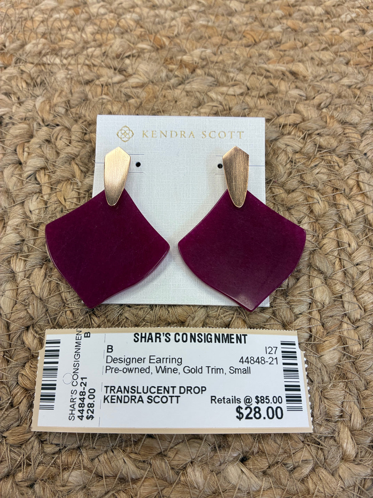 Pre-owned KENDRA SCOTT Wine Gold Trim Small Designer Earring