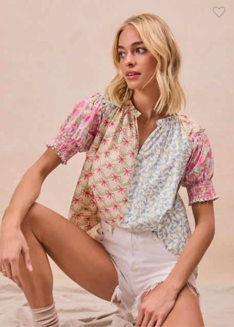 New BIBI Pink print Size S Short Sleeve Blouse