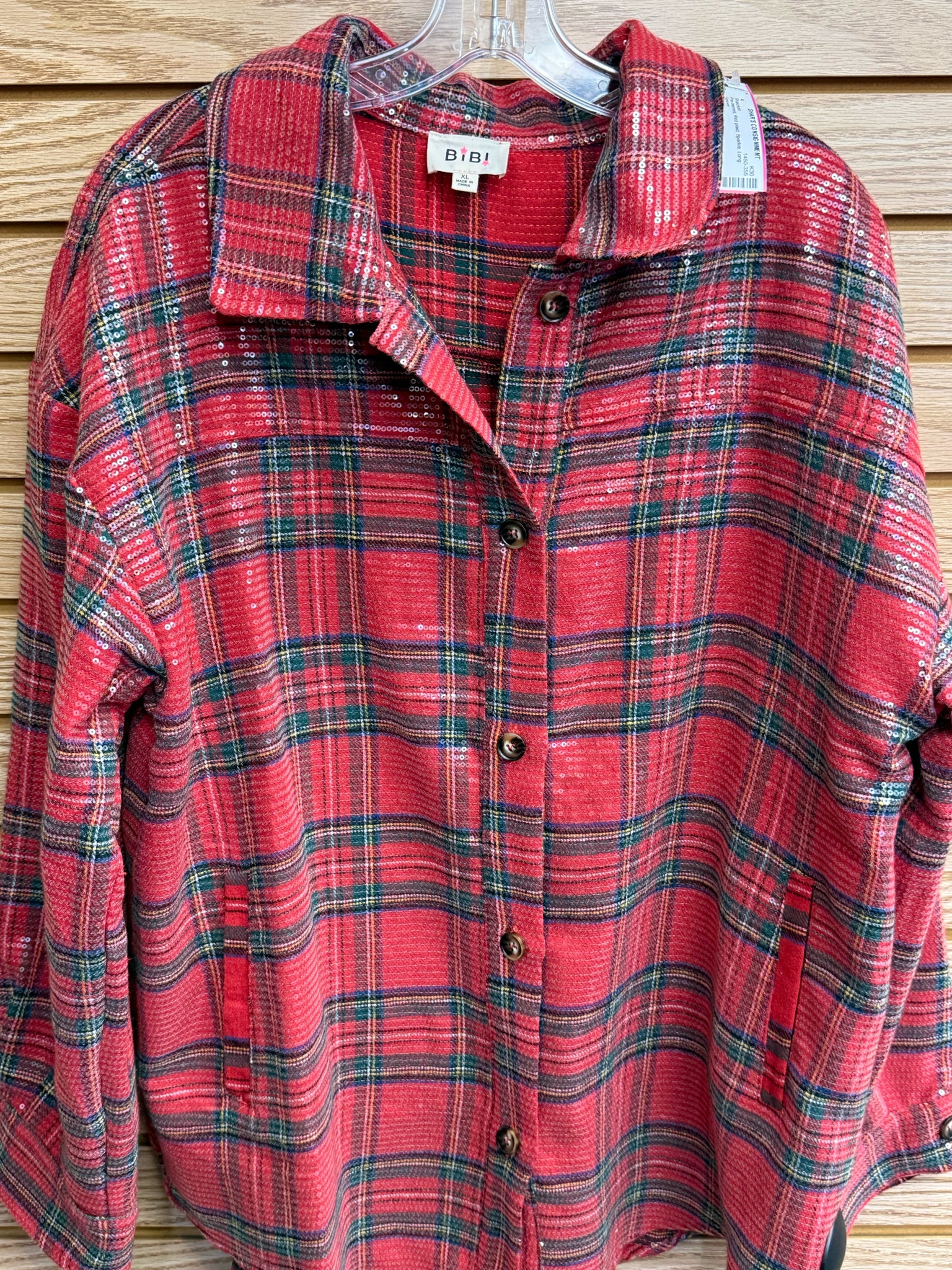 Pre-owned BIBI Red plaid Sparkle Size XL Long Sleeve Shacket
