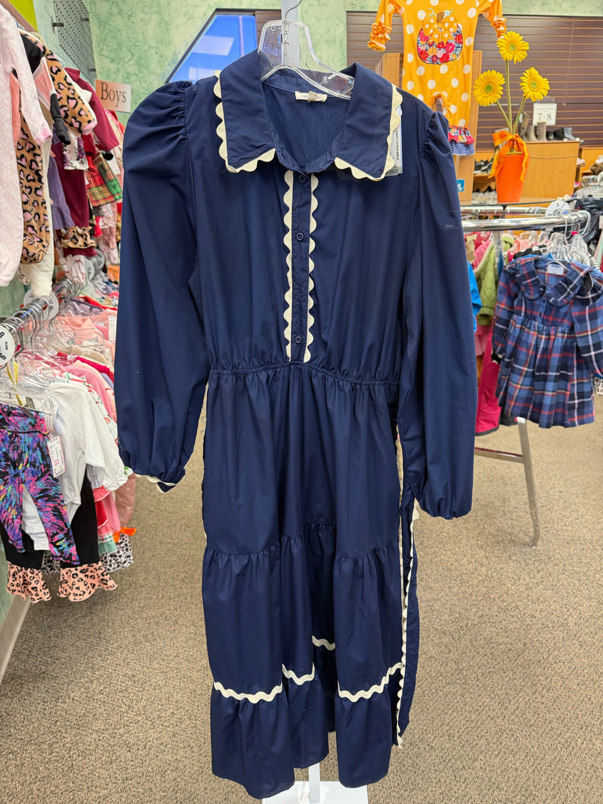 Pre-owned JODIFL Navy Cream Trim Size 8 Long Sleeve Dress