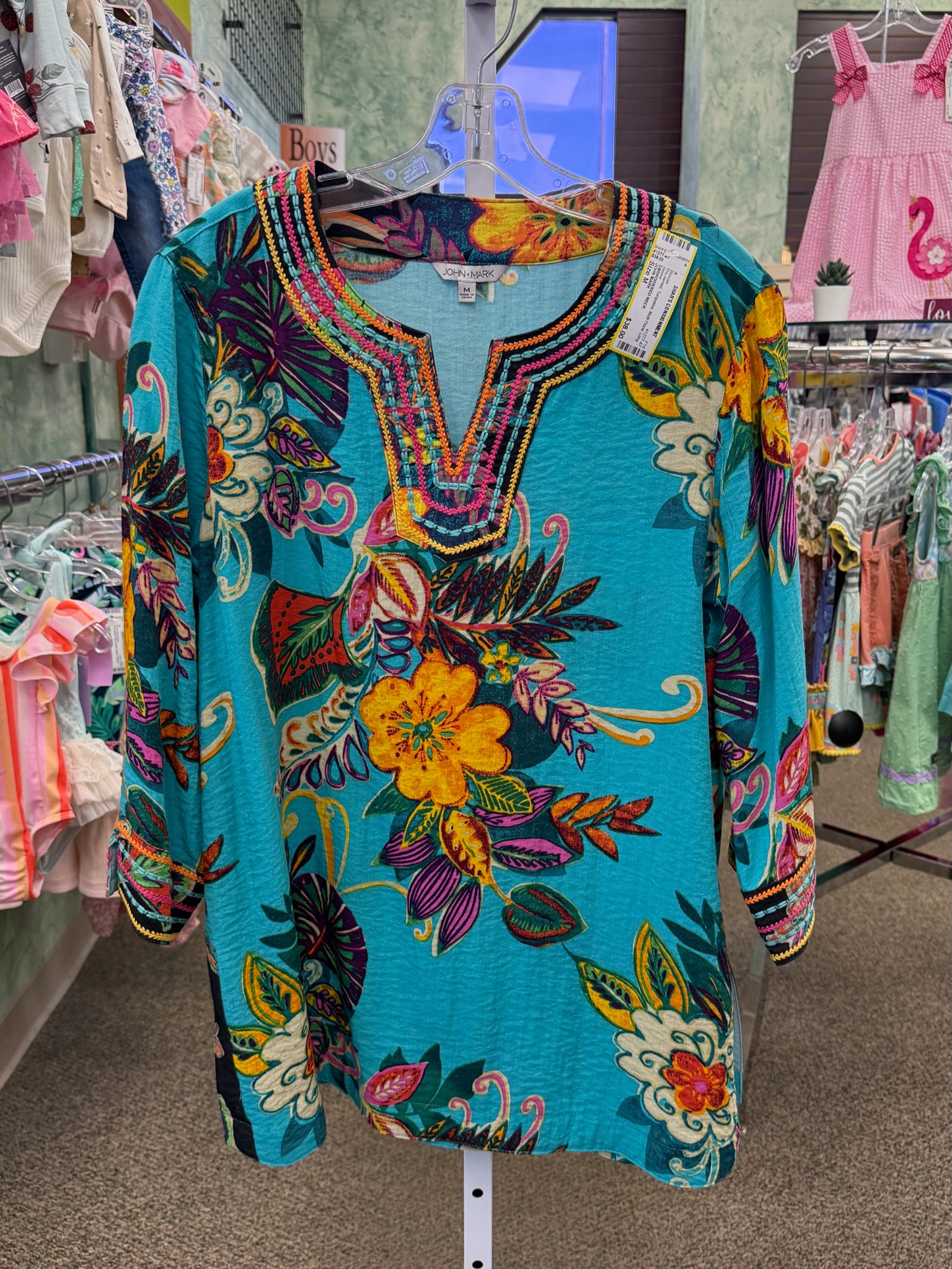 Pre-owned JOHN MARK Turquoise Multi Floral Size: M Long Sleeve Blouse