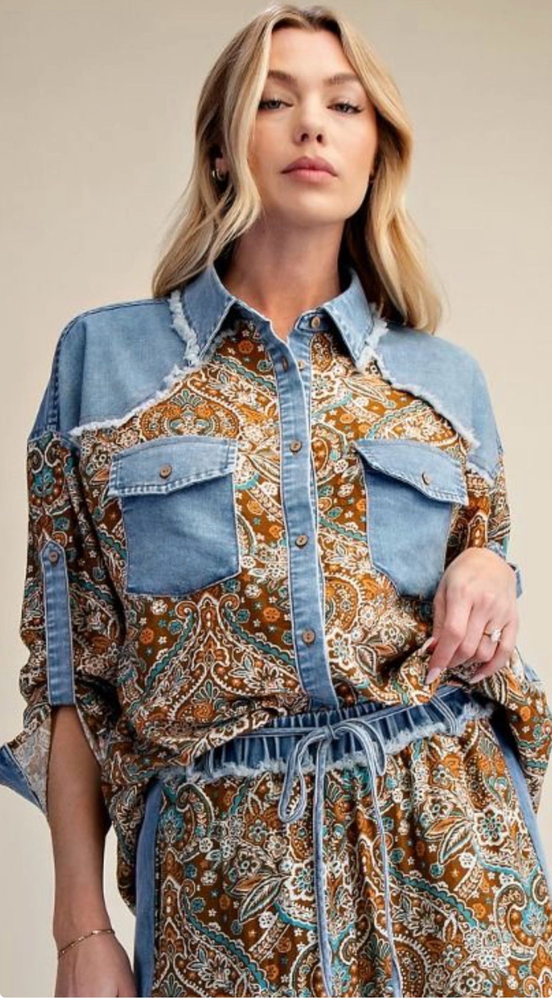 Pre-owned EASEL Denim Brown Print Size: S Long Sleeve Blouse