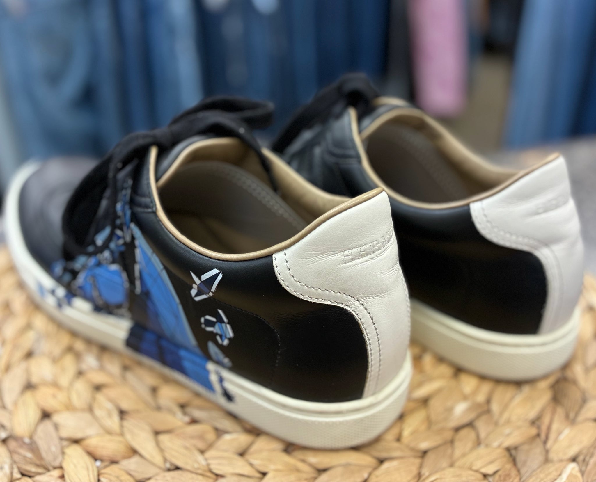 Pre-owned HERMES Black Blue Print SHOE SIZE 6.5 MENS Designer Sneaker