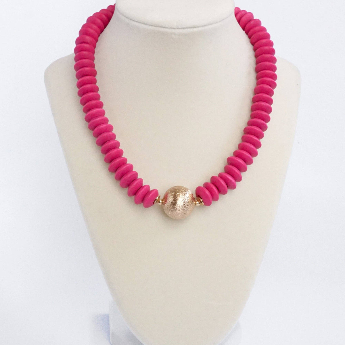 Wood Saucer Beads Short Statement Necklace Gold center Hot Pink Beige Turquoise: Black