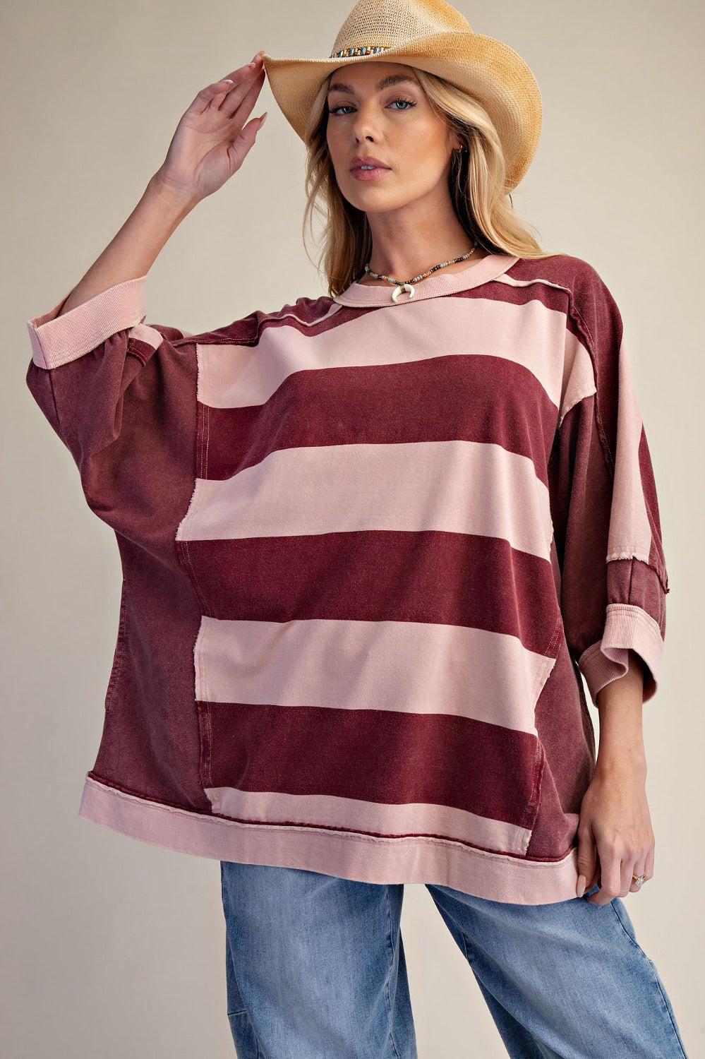 New EASEL Wine stripe Pink Size: S Quarter Sleeve Blouse