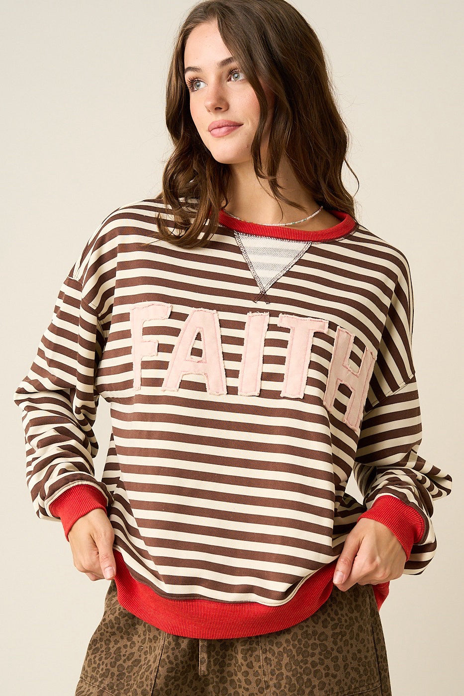 New MITTOSHOP Brown stripe Red Trim Size S Long Sleeve Sweatshirt