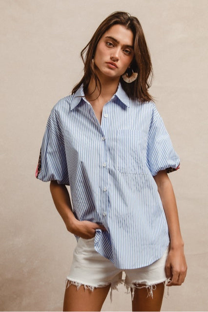 New BIBI Blue pinstripe Leopard Trim Size S Short Sleeve Blouse