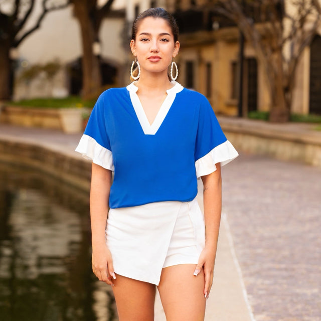New YF Royal Blue White Trim Size S Short Sleeve Blouse