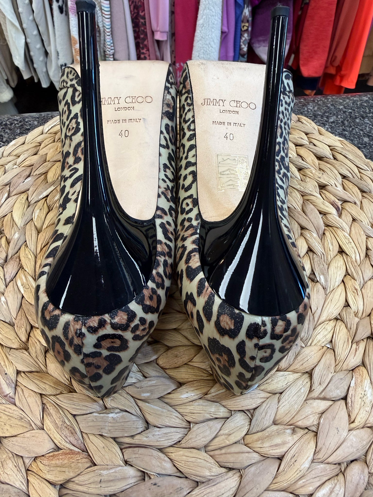Pre-owned JIMMY CHOO Leopard Black Patent Size 9.5 Designer Heel