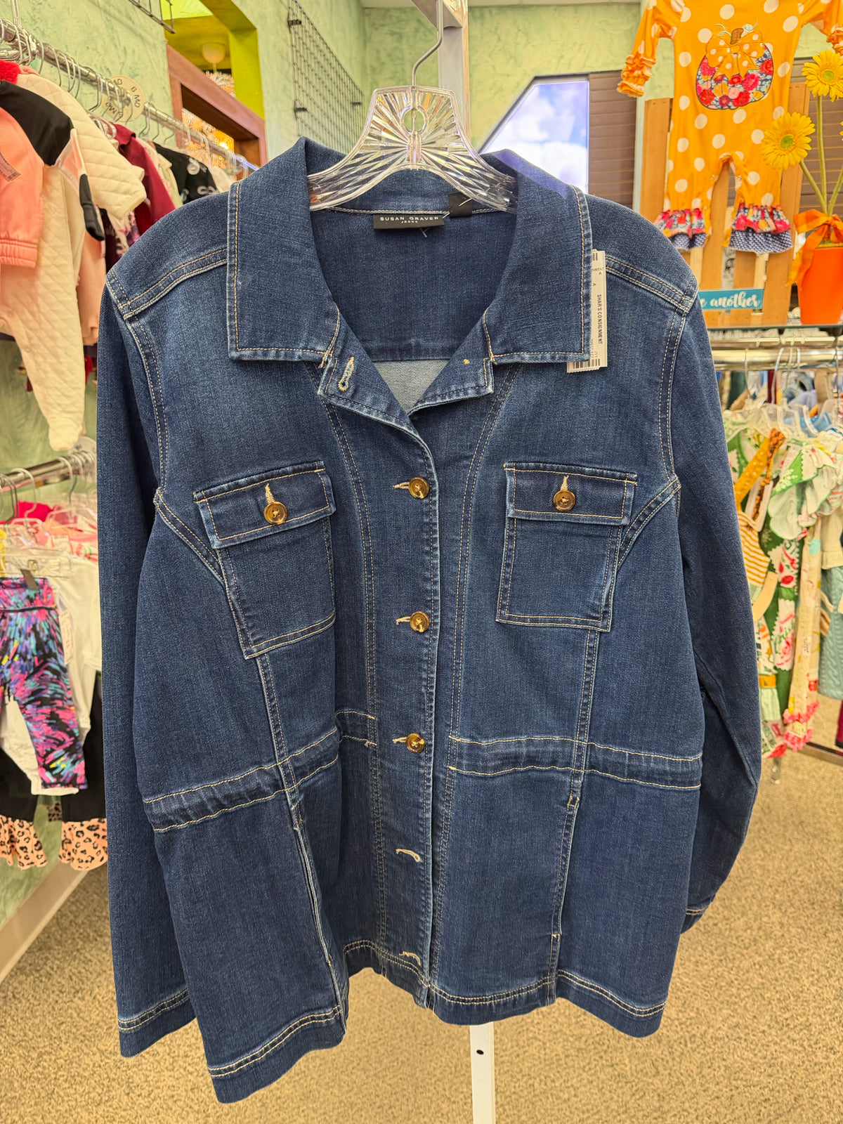 Pre-owned SUSAN GRAVER BLUE DENIM Size L Quarter Sleeve Denim Jacket