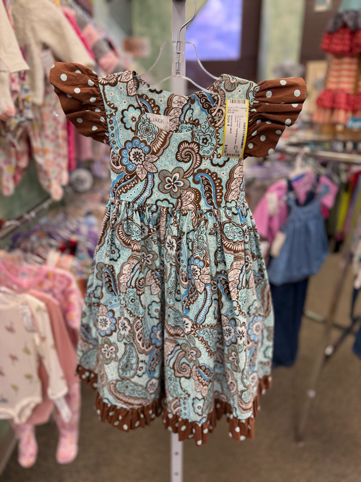 Pre-owned KRACKER JACK Teal floral Brown GIRLS SZ: 4 Short Sleeve Girls Dress