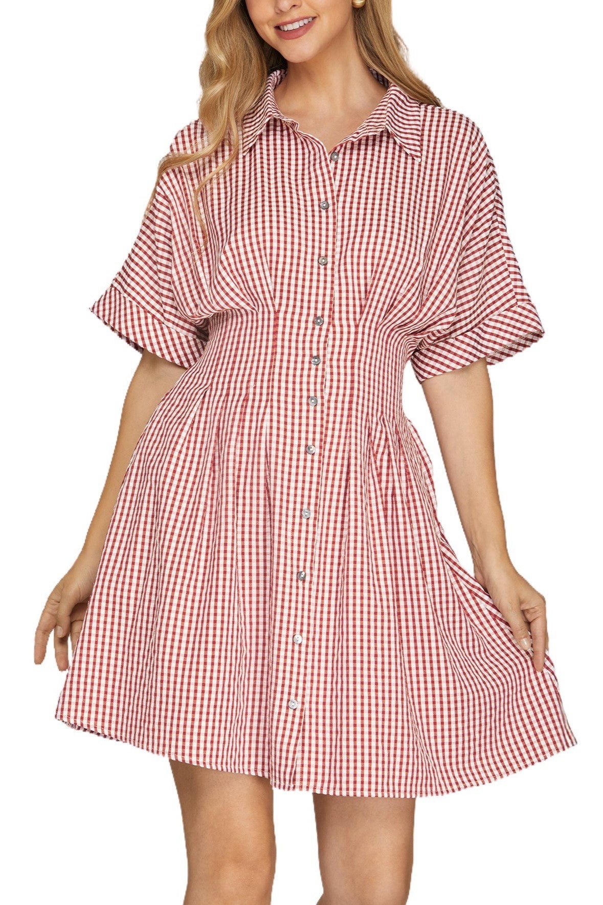 New SHE + SKY Red check White Size Small Short Sleeve Dress