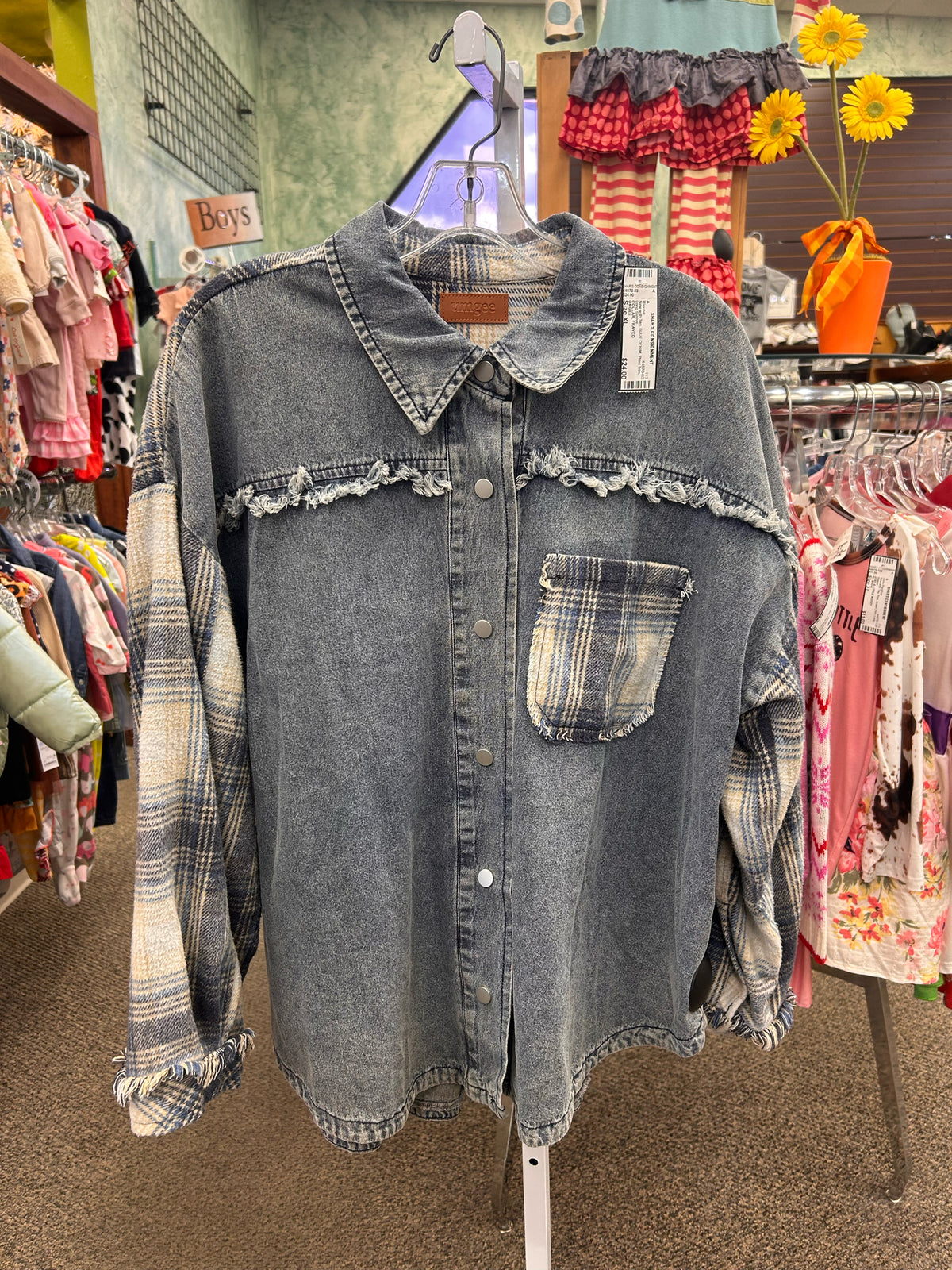 New with Tag UMGEE BLUE DENIM Plaid Trim Size: XL Long Sleeve Blouse