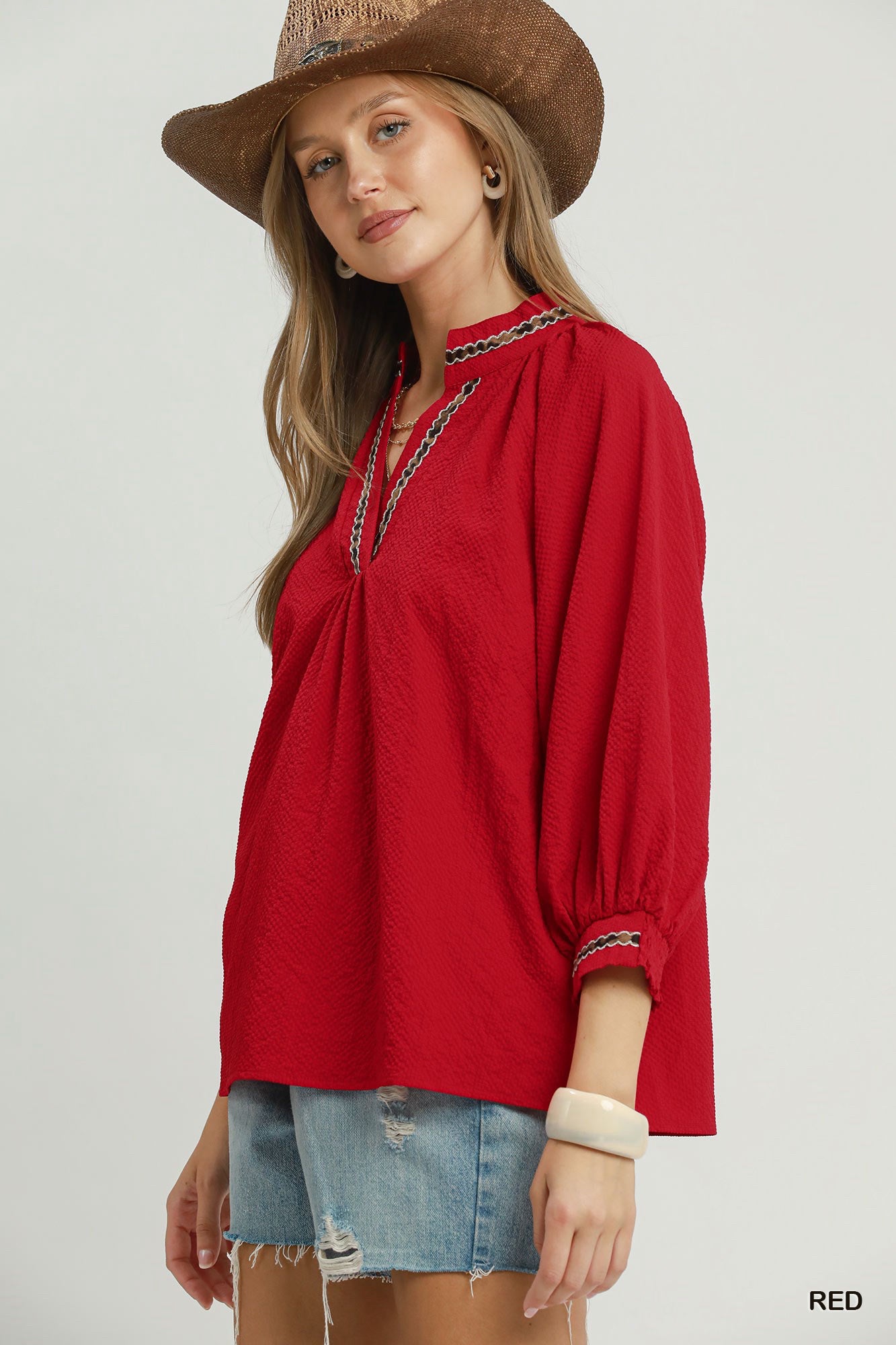 New UMGEE Red Leopard Trim Size: S Quarter Sleeve Blouse