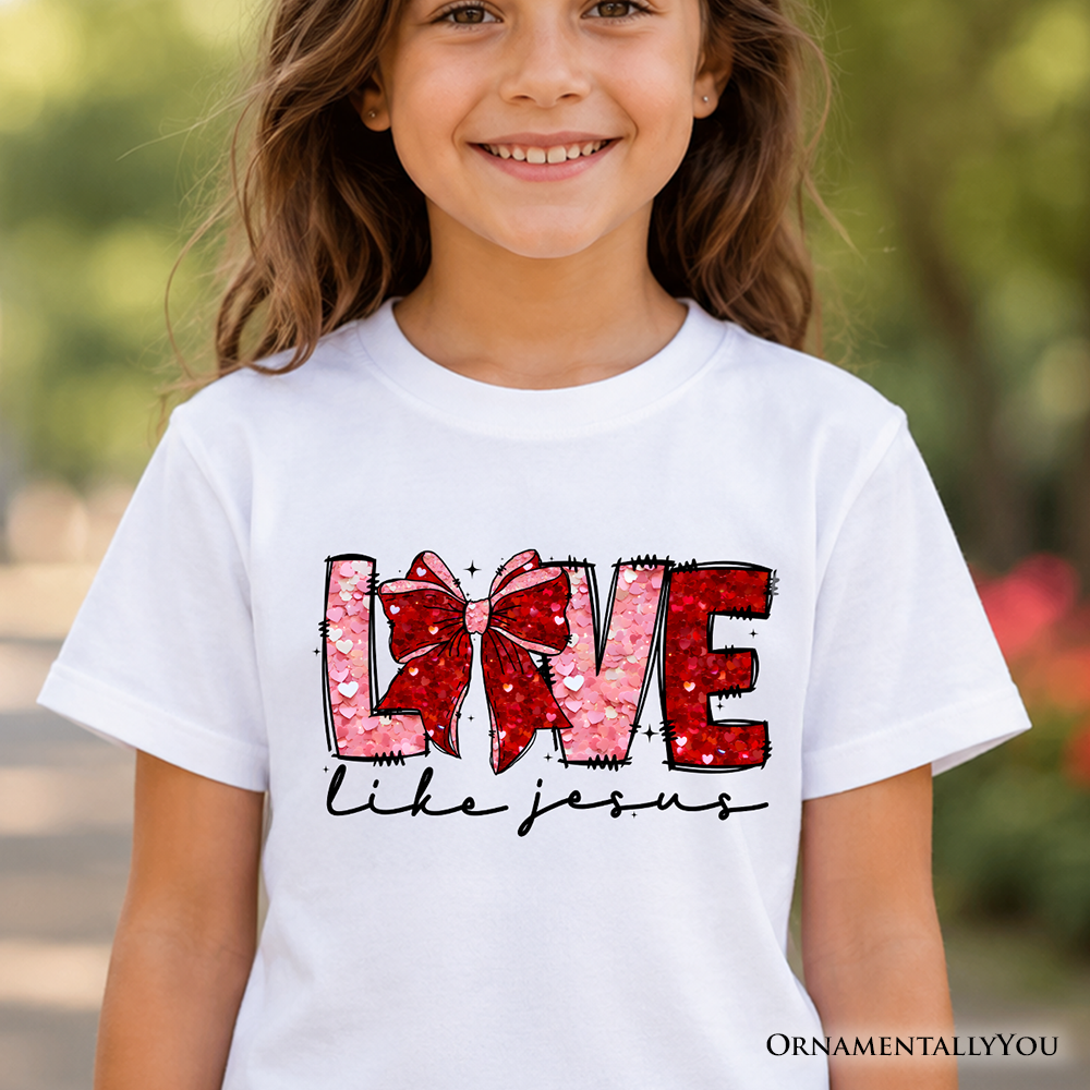 Love Like Jesus Kids Valentine T-Shirt, Coquette Bow Christian Hearts Tee for Youth