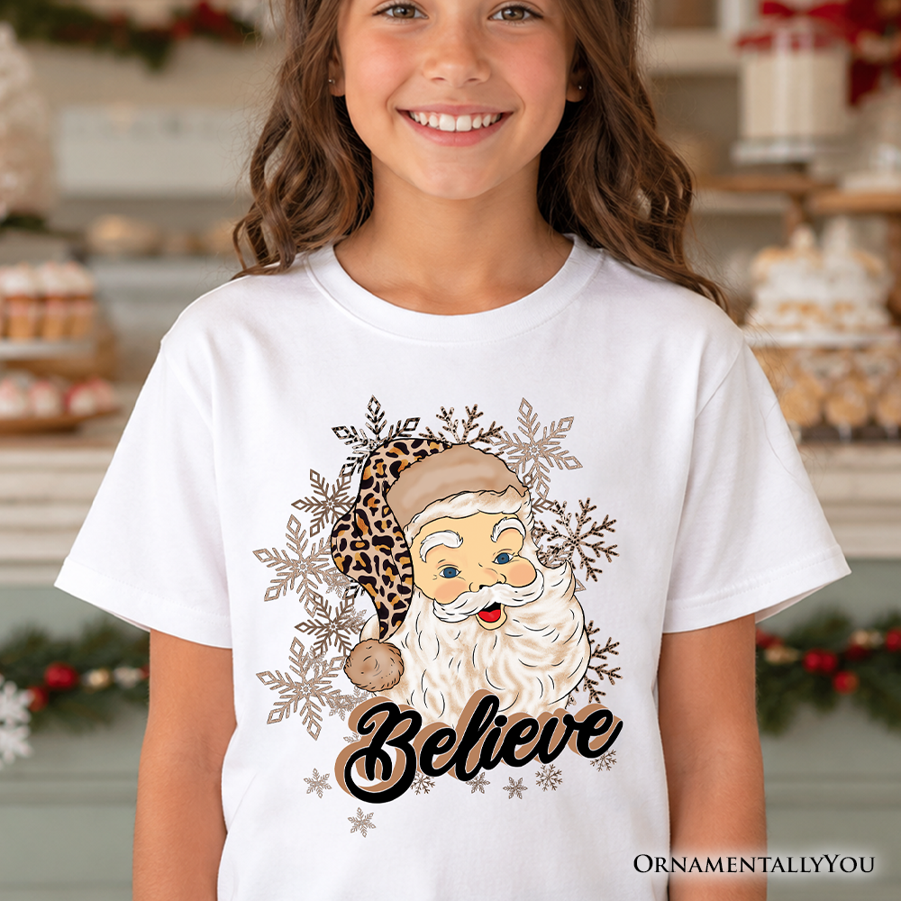 Kids Believe Santa Cheetah Leopard T-Shirt, Retro Christmas Youth Tee