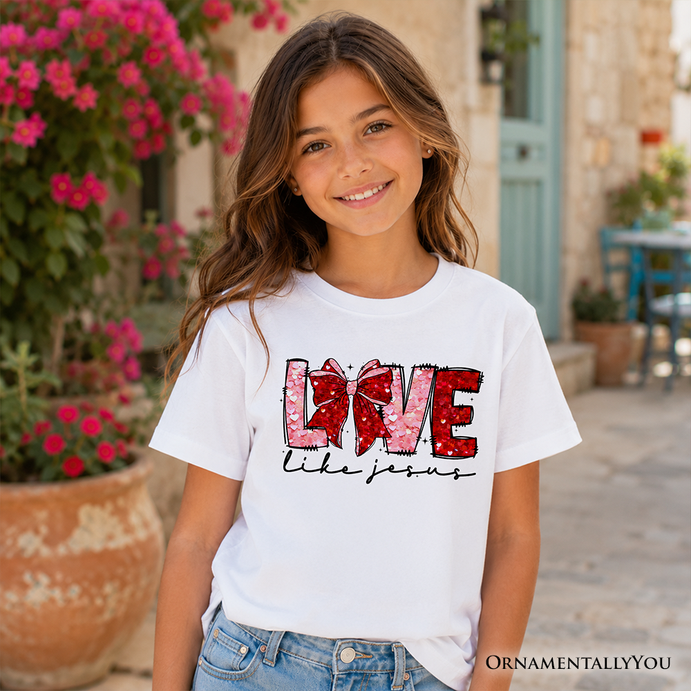 Love Like Jesus Kids Valentine T-Shirt, Coquette Bow Christian Hearts Tee for Youth