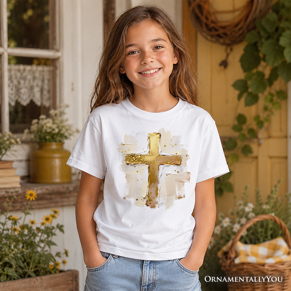 Kids Oil Brushstroke Cross T-Shirt, Christian Faith Jesus Easter Tee for Youth
