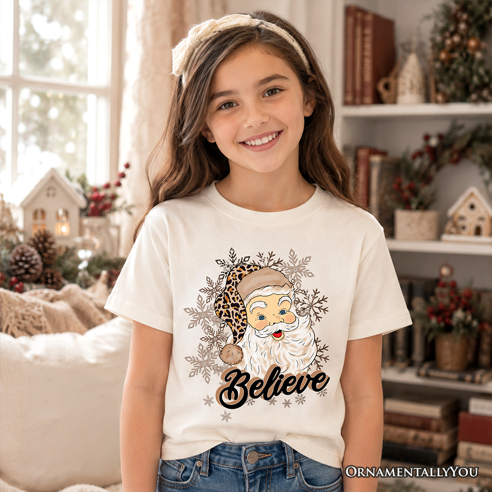 Kids Believe Santa Cheetah Leopard T-Shirt, Retro Christmas Youth Tee